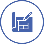 A blue icon of a document with lines and a pencil in the upper right corner, enclosed in a blue circle, symbolizes paperwork for modular homes or pre-fabricated home applications.