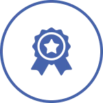 Blue line drawing of a ribbon or award icon inside a blue circle on a white background, symbolizing excellence in pre-fabricated home design.