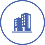 Blue icon of a multi-story, factory built home inside a blue circular border on a transparent background.