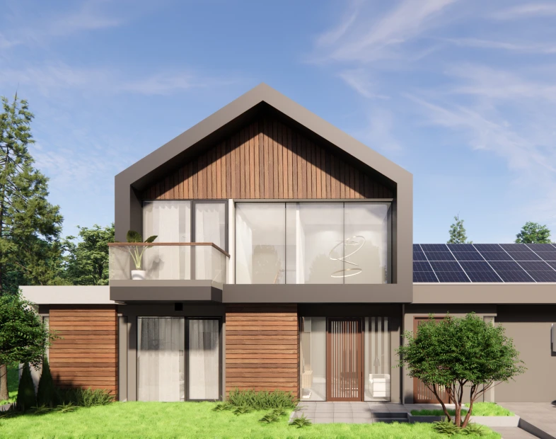 Modern two-story modular home with wood and glass exterior, balcony, solar panels on the roof, and a landscaped front yard with grass and small trees.